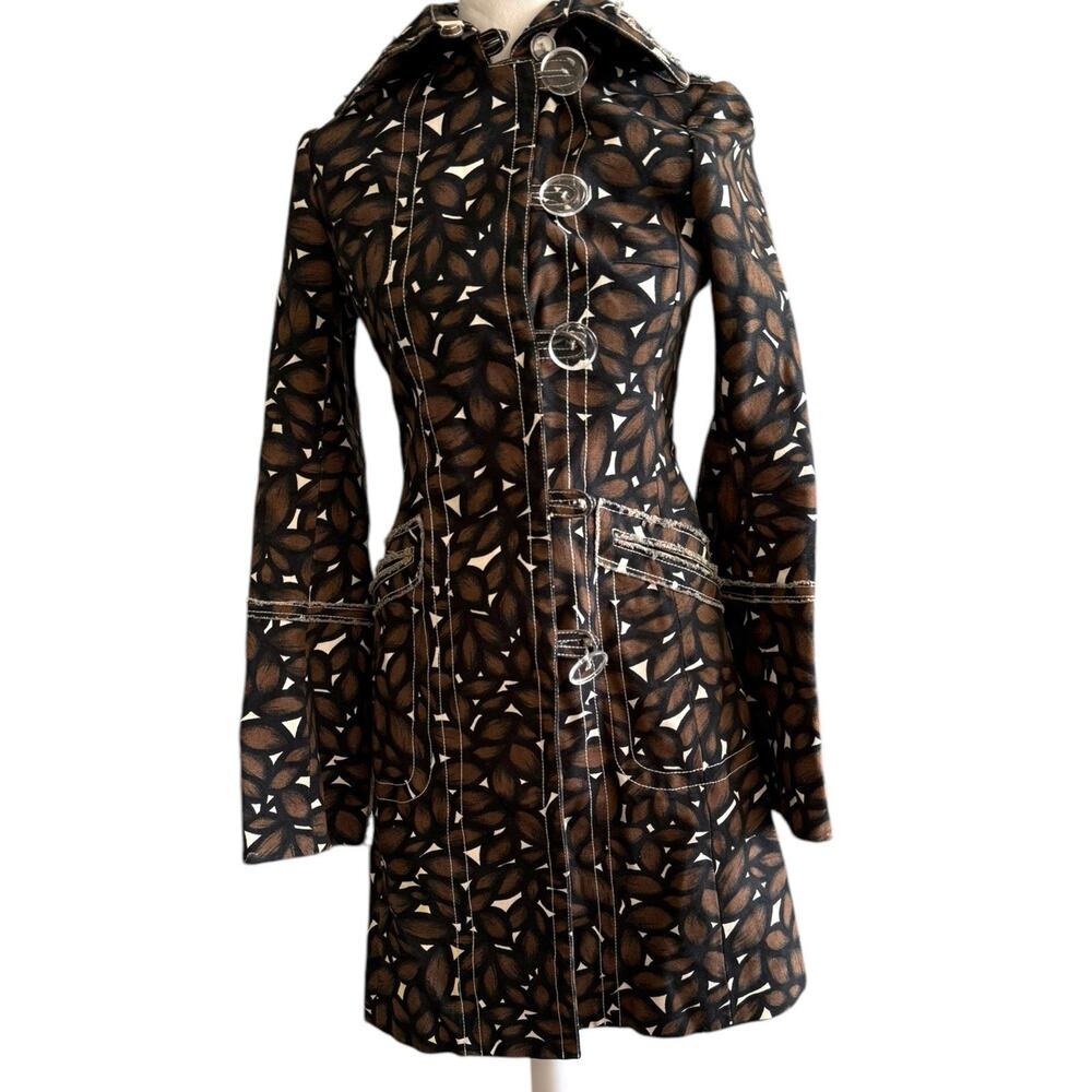Tuleh Printed Brown Trench Coat Size 2 Cotton Geometric